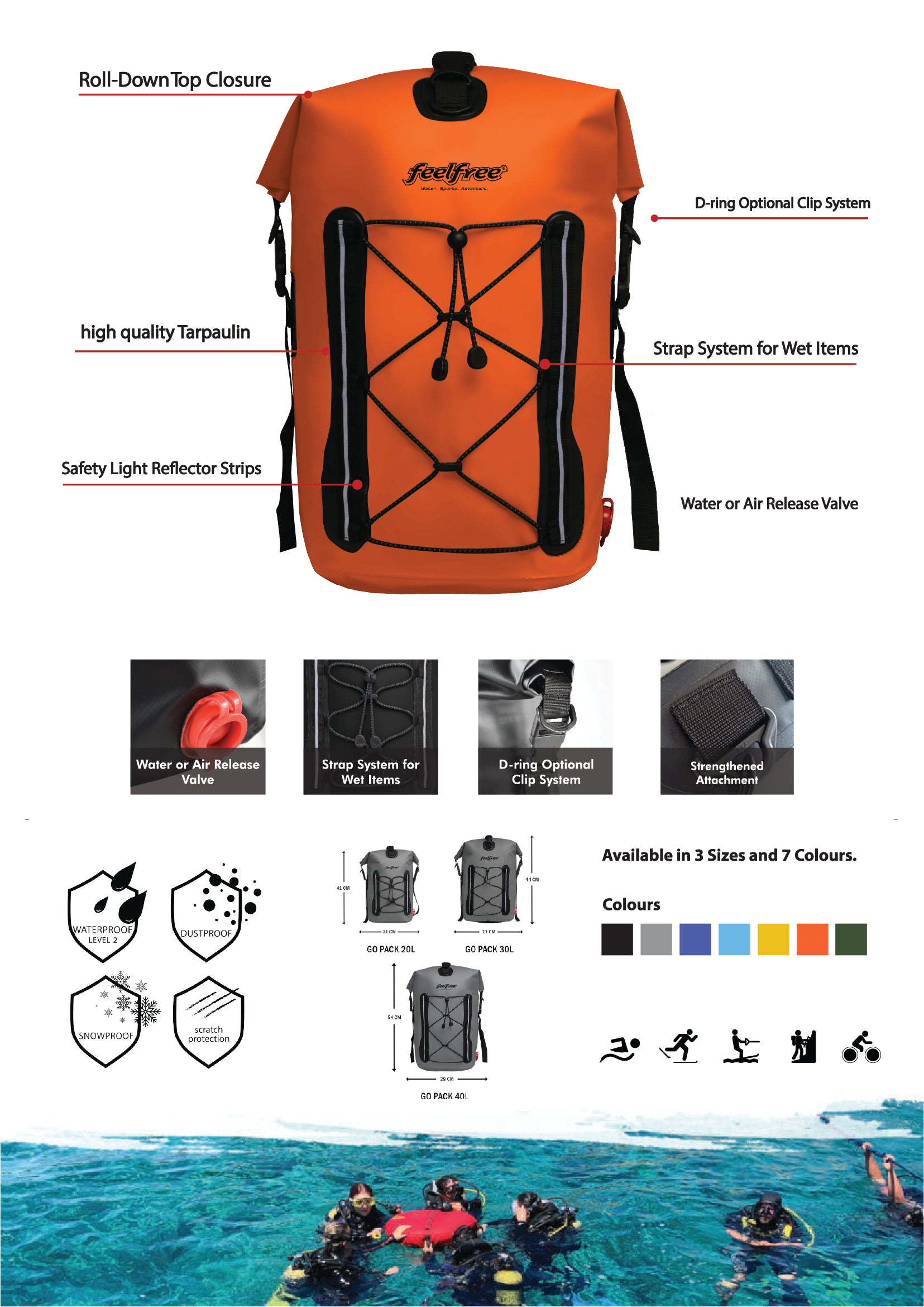 FEELFREE GO PACK 30L, waterproof backpack, detachable strap, premium