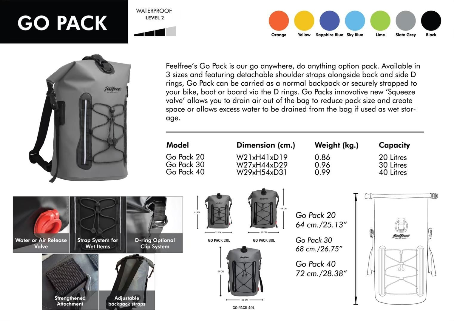 FEELFREE GO PACK 30L, waterproof backpack, detachable strap, premium