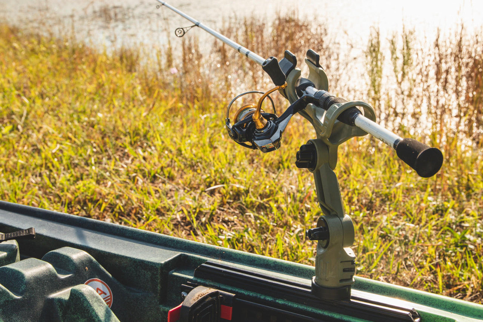 Omega Pro™ Rod Holder with Track Mounted LockNLoad™ Mounting System, Olive Green.