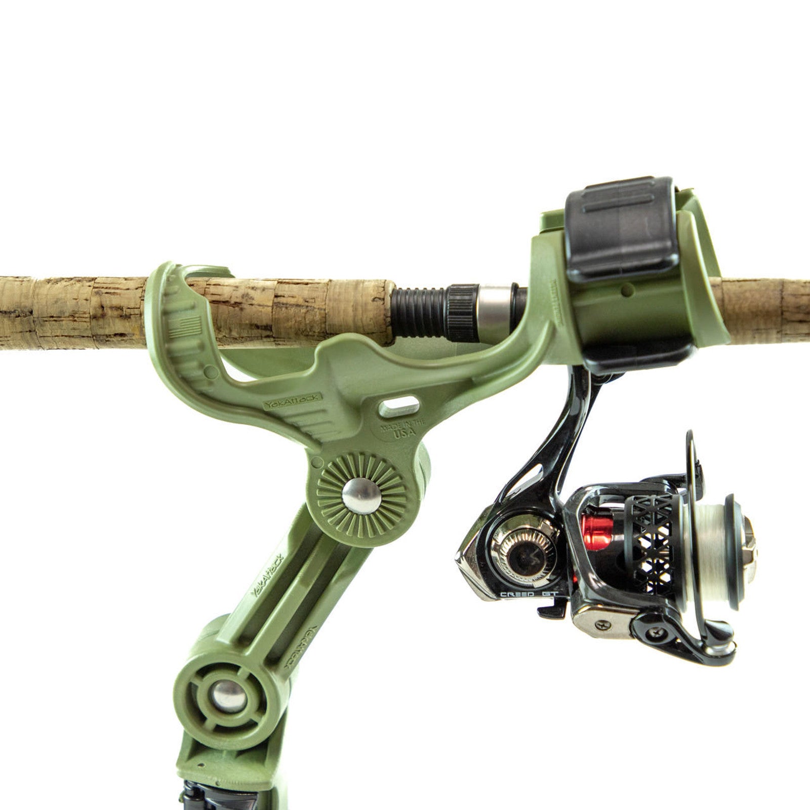 Omega Pro™ Rod Holder with Track Mounted LockNLoad™ Mounting System, Olive Green.