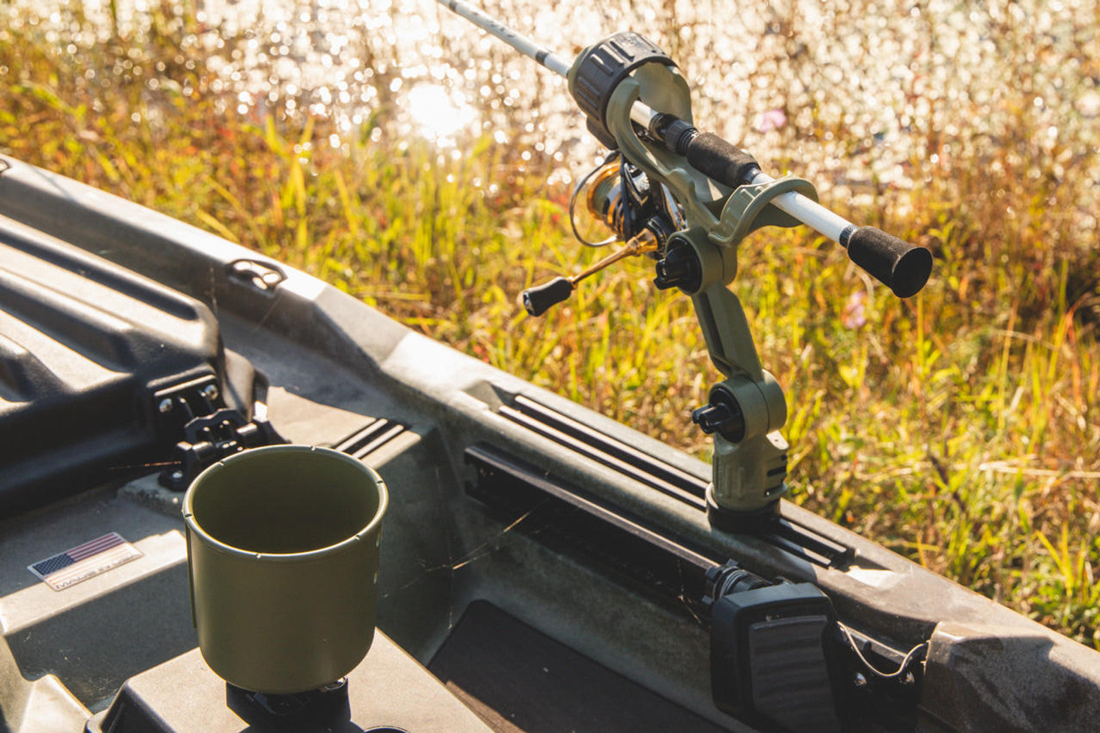 Omega Pro™ Rod Holder with Track Mounted LockNLoad™ Mounting System, Olive Green.